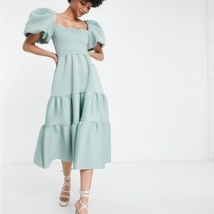 Asos Tall shirred puff sleeve tiered sage green midi dress Size 6 Small NWT